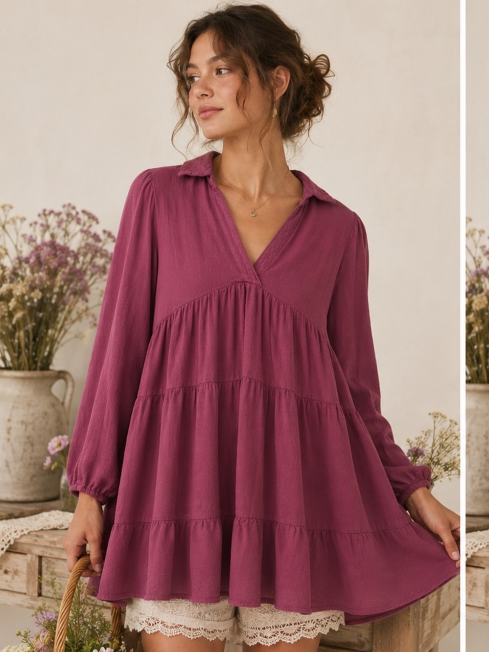 Umgee Magenta V-Neck Tiered Tunic 100-% Linen Romantic Cottagecore Dress Small